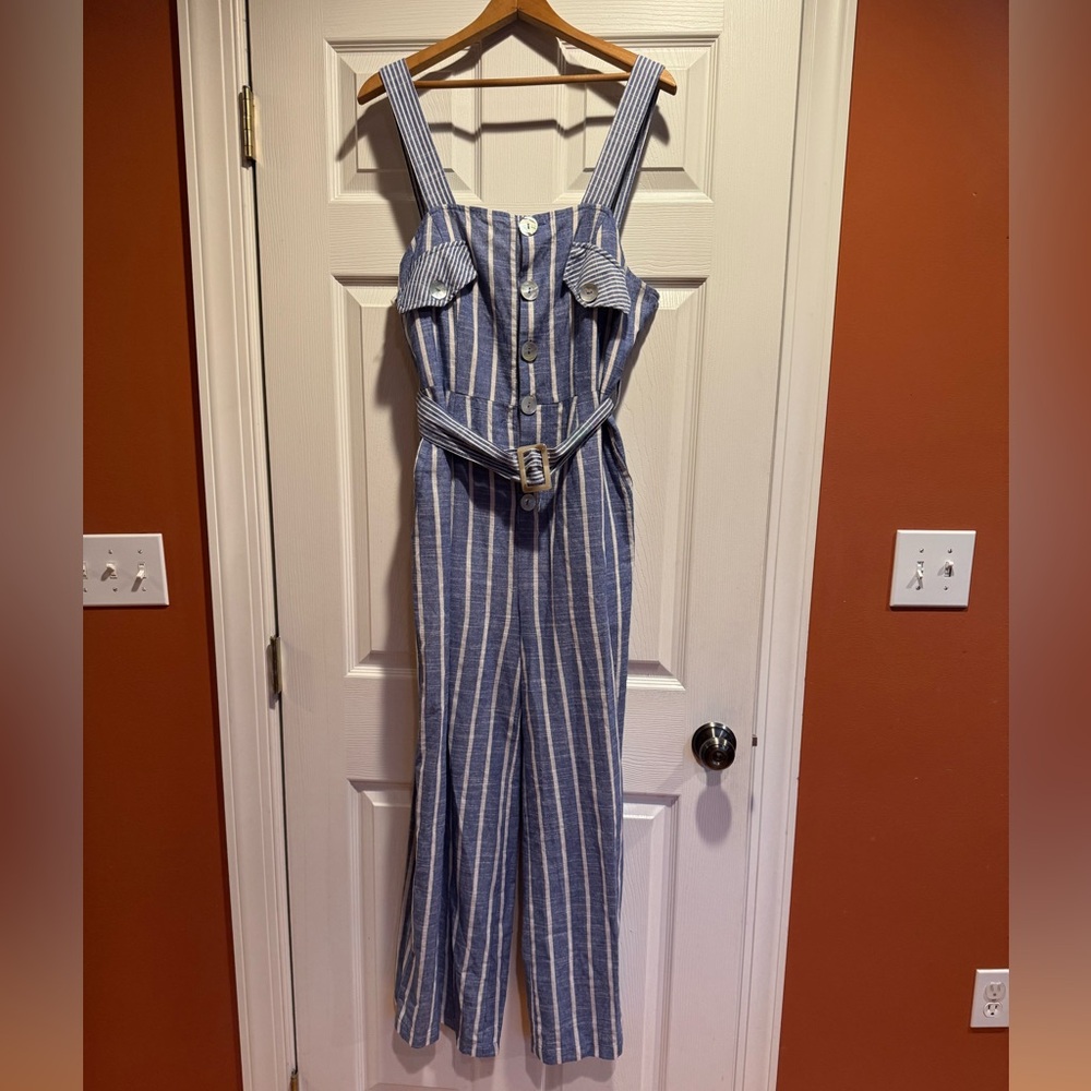 Azucar Blue and White Linen Jumpsuit Sz L